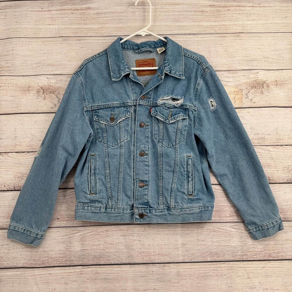Levi's Denim Jacket Mens L Blue Distressed Trucker Medium Wash